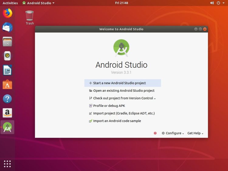 ubuntu android studio welcome page